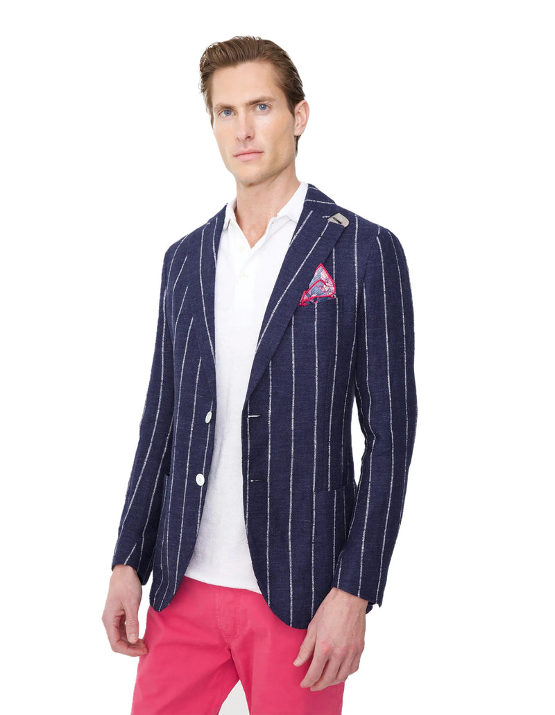 LINEN BLEND CHALK STRIPE 2 BUTTON BLAZER