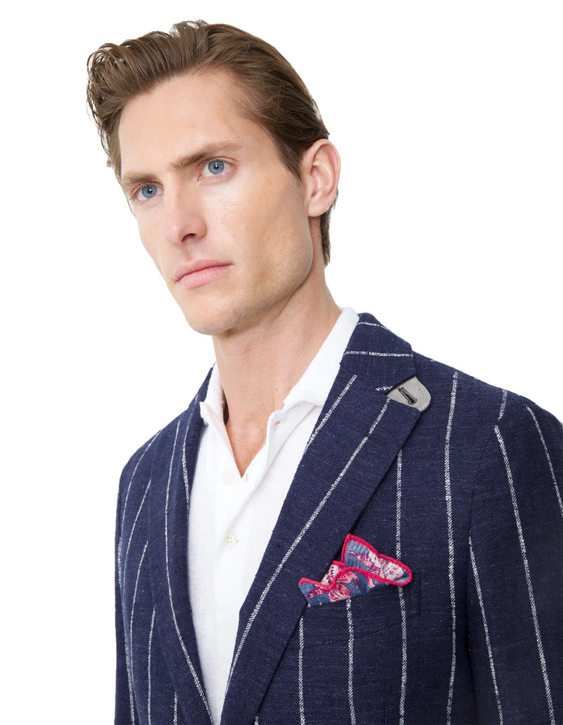 LINEN BLEND CHALK STRIPE 2 BUTTON BLAZER