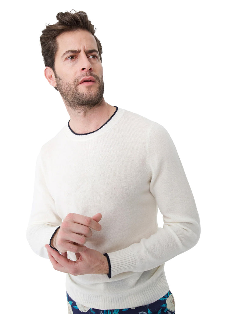 100% UNDYED CASHMERE SLIM FIT CREWNECK SWEATER WITH TIPPING