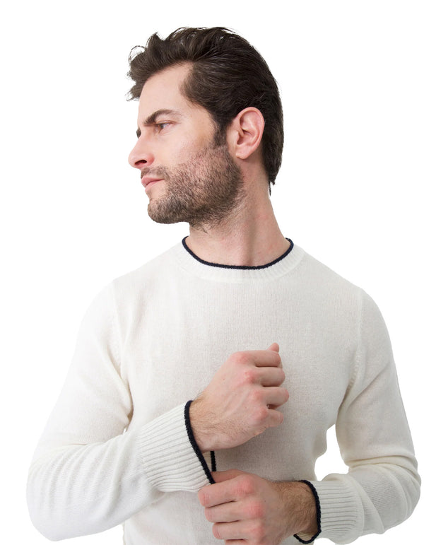 100% UNDYED CASHMERE SLIM FIT CREWNECK SWEATER WITH TIPPING