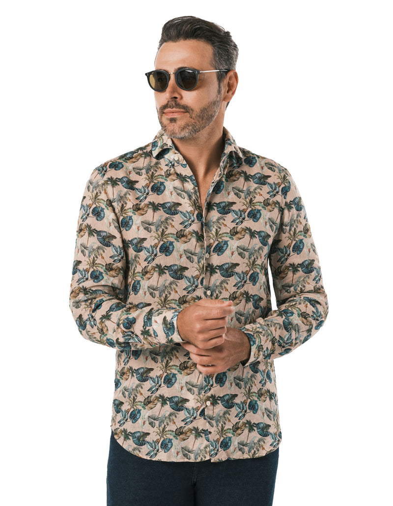 LINEN LEAVES PRINTED ONE PIECE SPREAD COLLAR SHIRT