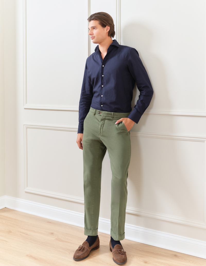GARMENT DYED SATEEN PLAIN FRONT PANTS