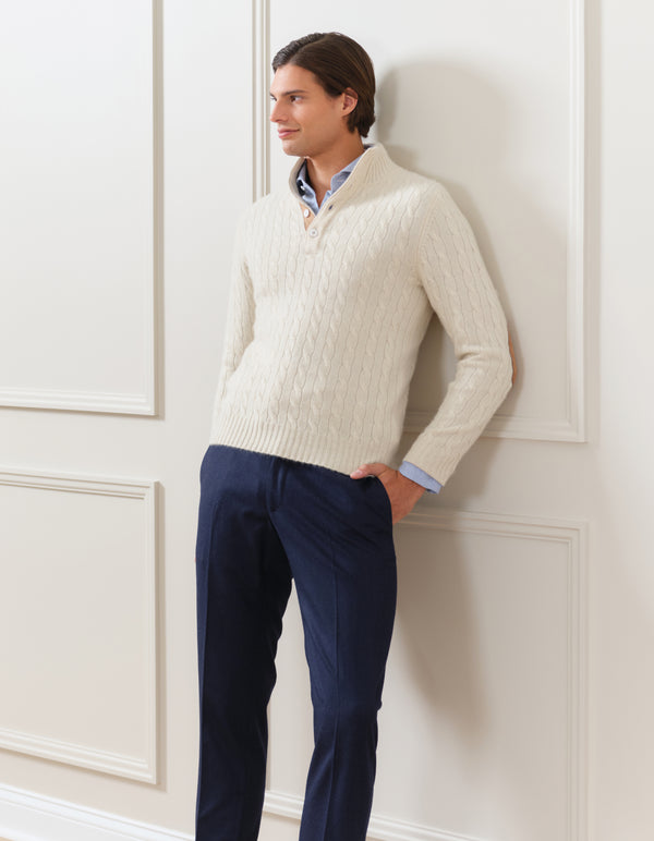 100% CASHMERE CABLE BUTTON UP MOCK NECK SWEATER
