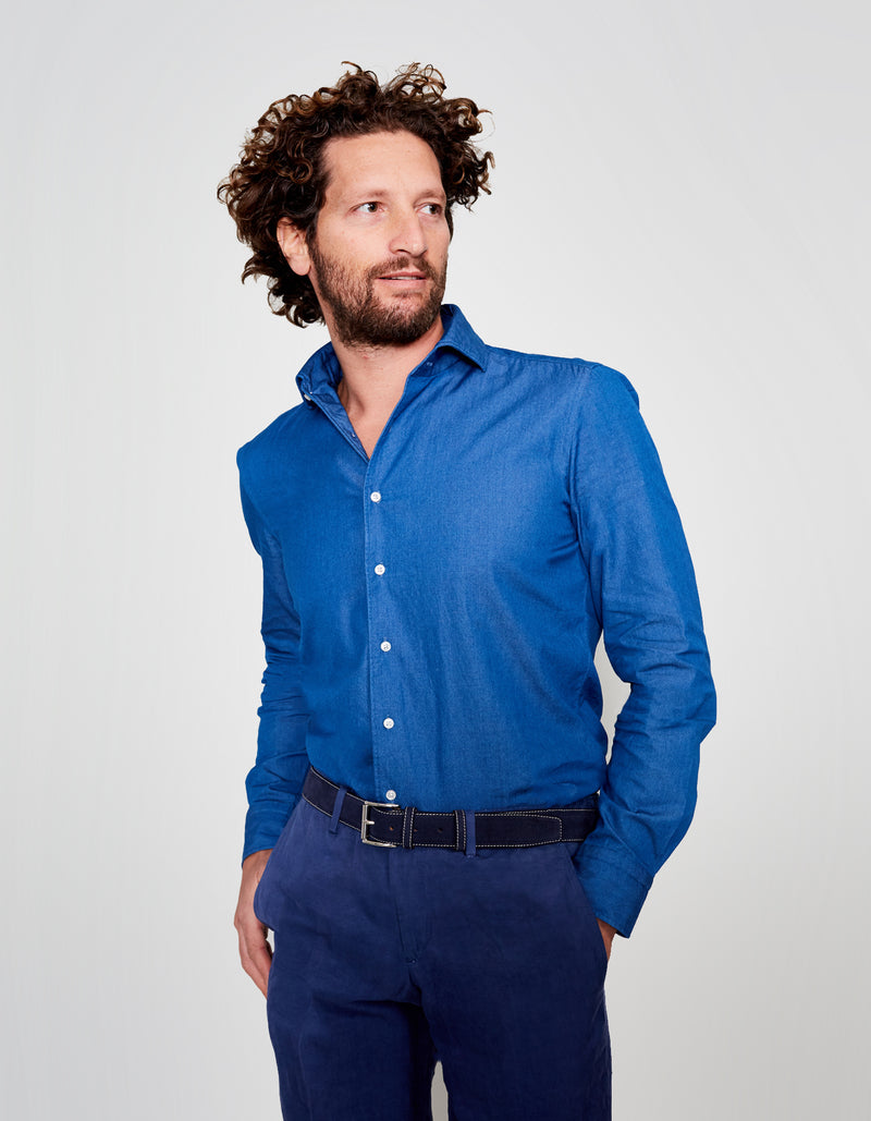 LAPO INDIGO CHAMBRAY ONE PIECE SPREAD COLLAR SHIRT