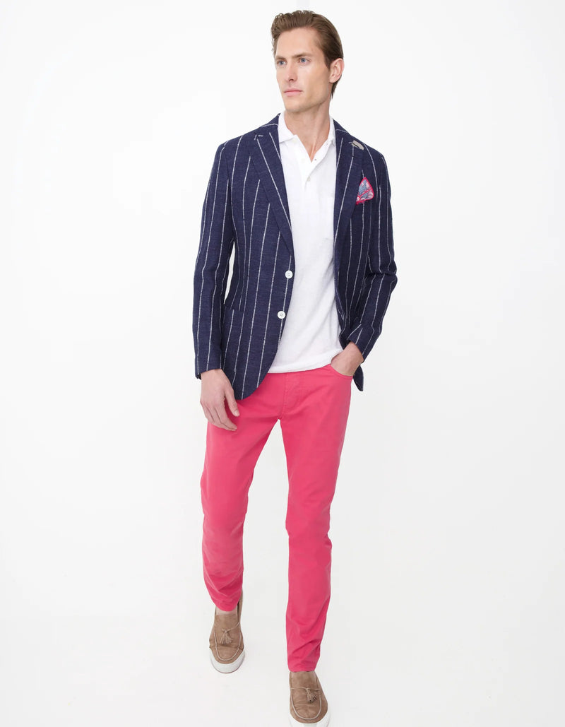 LINEN BLEND CHALK STRIPE 2 BUTTON BLAZER
