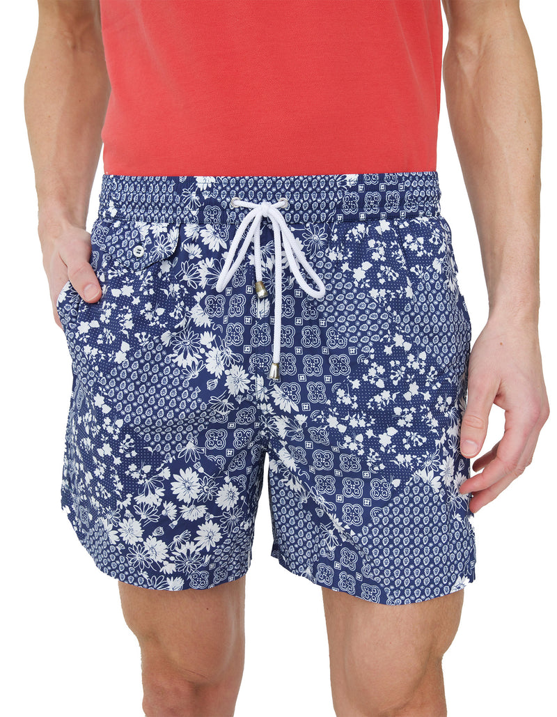 PRINTED PATCHWORK SWIM SHORTS