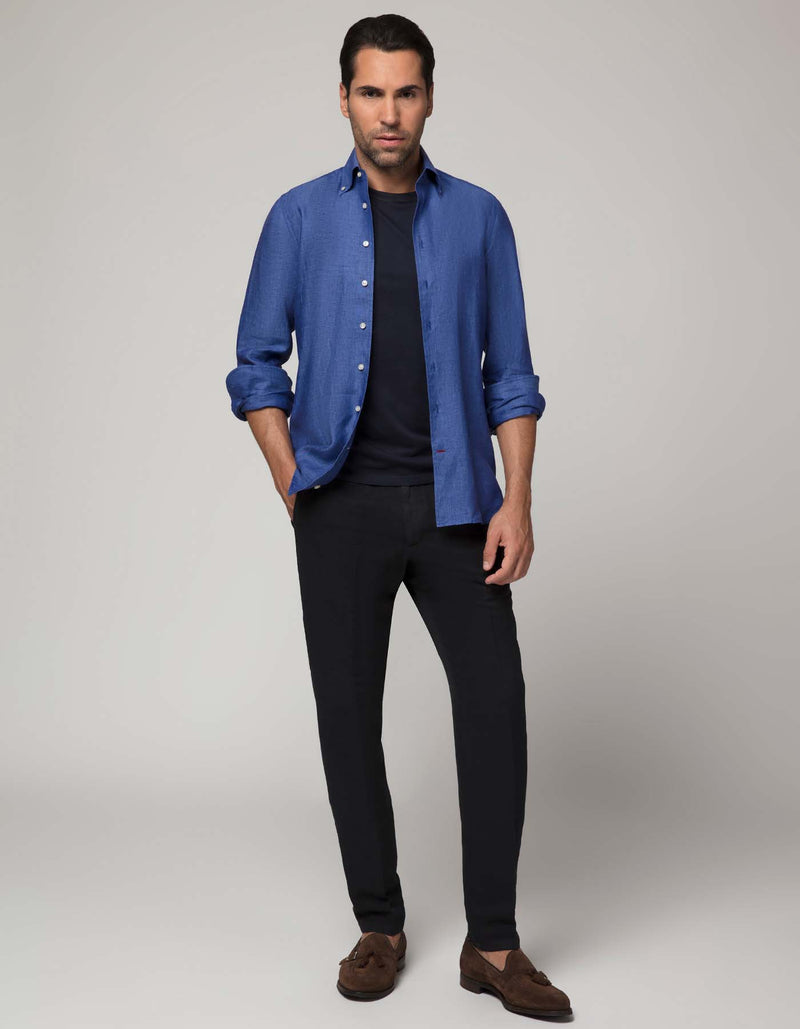 CREMIEUX DARK BLUE LUXURY LINEN BUTTON DOWN COLLAR SHIRT