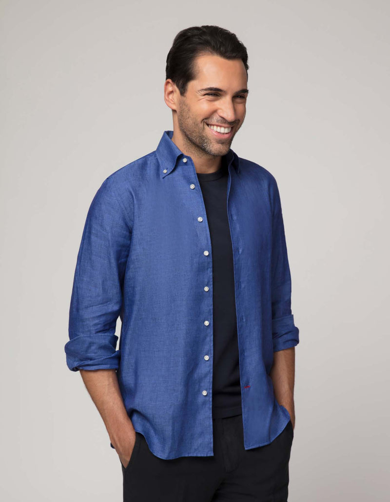 CREMIEUX DARK BLUE LUXURY LINEN BUTTON DOWN COLLAR SHIRT