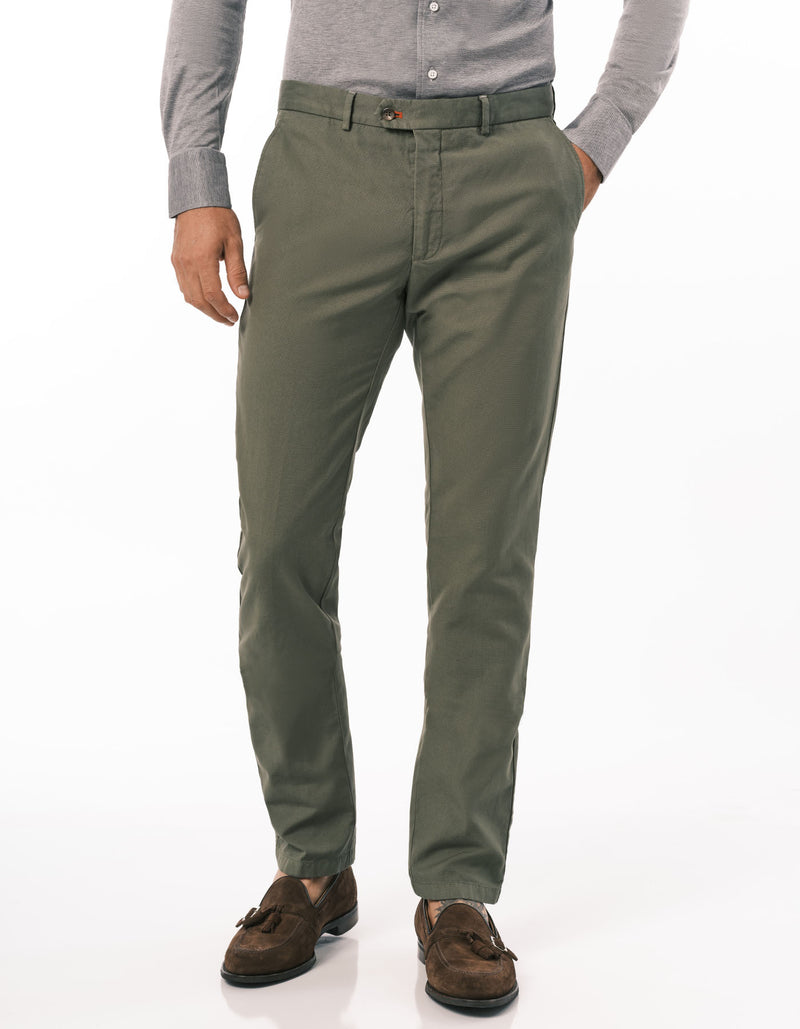 SLIM FIT GARMENT DYED COTTON LINEN CANVAS PANTS FADED OLIVE