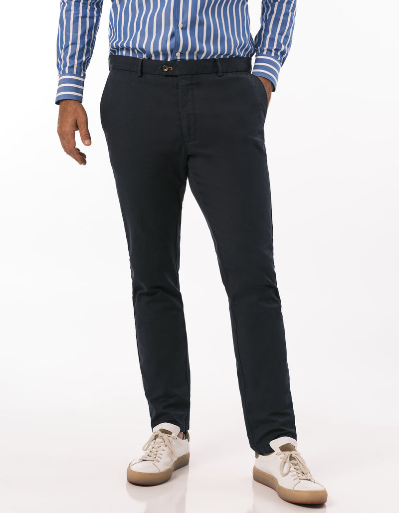 SLIM FIT GARMENT DYED COTTON LINEN CANVAS PANTS NAVY