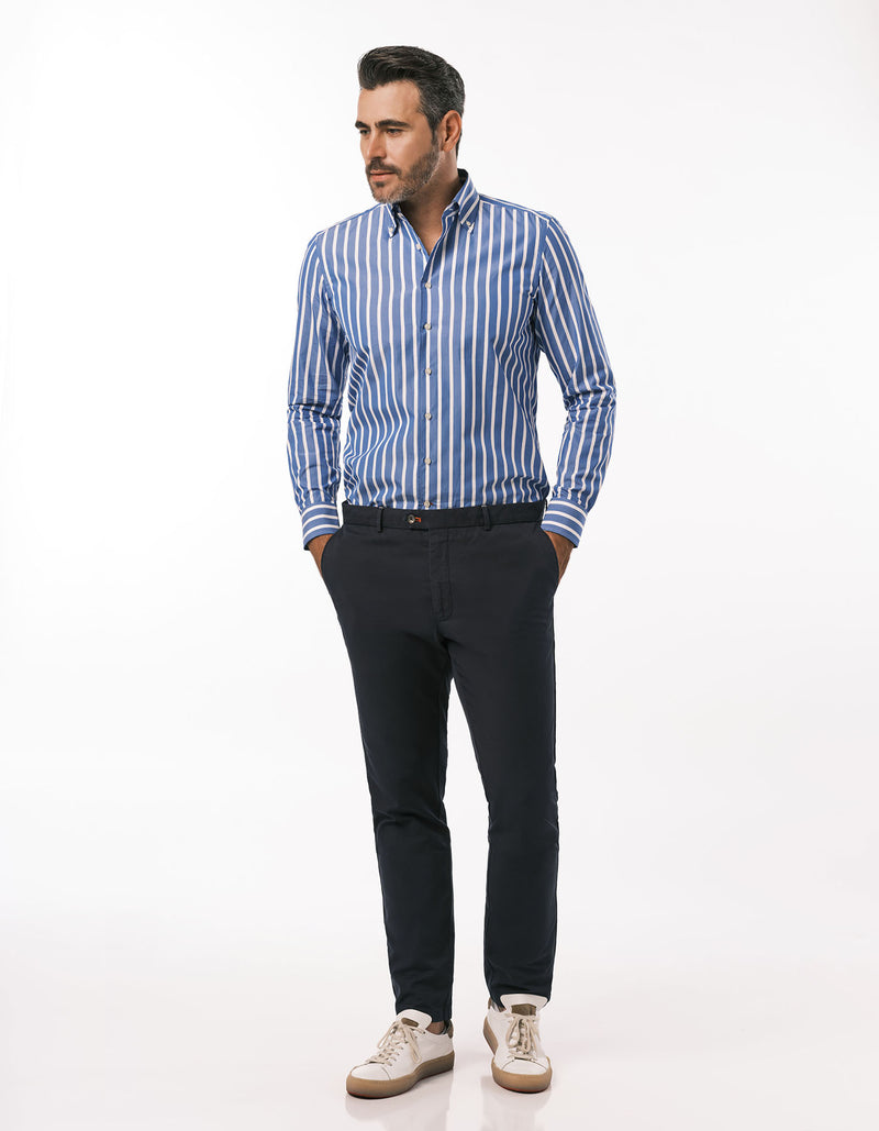 SLIM FIT GARMENT DYED COTTON LINEN CANVAS PANTS NAVY