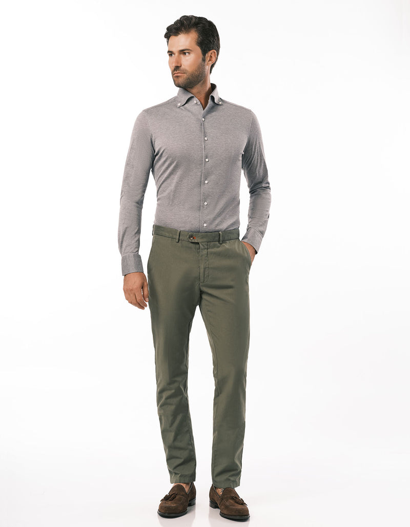 SLIM FIT GARMENT DYED COTTON LINEN CANVAS PANTS FADED OLIVE