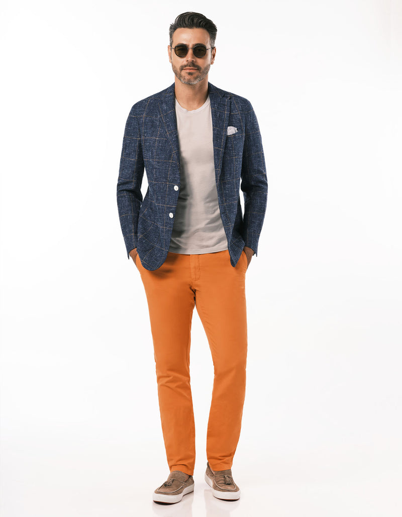 SLIM FIT GARMENT DYED COTTON LINEN CANVAS PANTS ORANGE