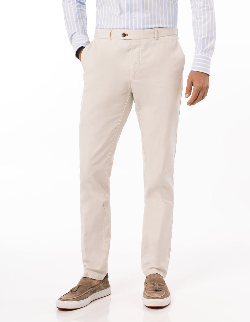 SLIM FIT GARMENT DYED COTTON LINEN CANVAS PANTS STONE