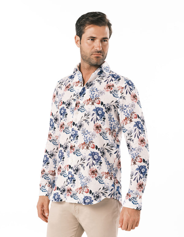 LINEN PRINTED ONE PIECE SPREAD COLLAR SHIRT