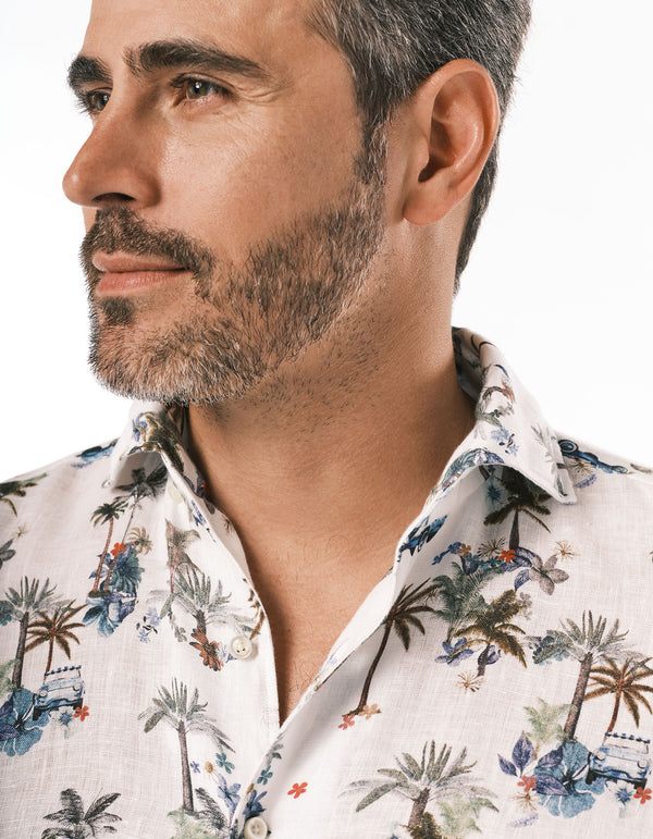 LINEN TROPICAL PRINT ONE PIECE SPREAD COLLAR SHIRT
