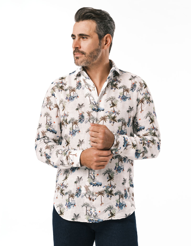 LINEN TROPICAL PRINT ONE PIECE SPREAD COLLAR SHIRT
