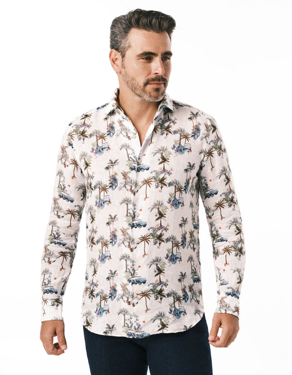 LINEN TROPICAL PRINT ONE PIECE SPREAD COLLAR SHIRT