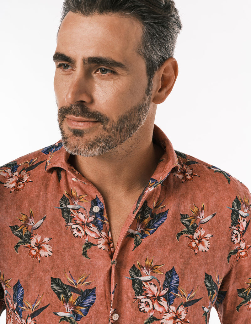 LINEN FLORAL PRINTED ONE PIECE SPREAD COLLAR SHIRT PINK MULTI COLLAR