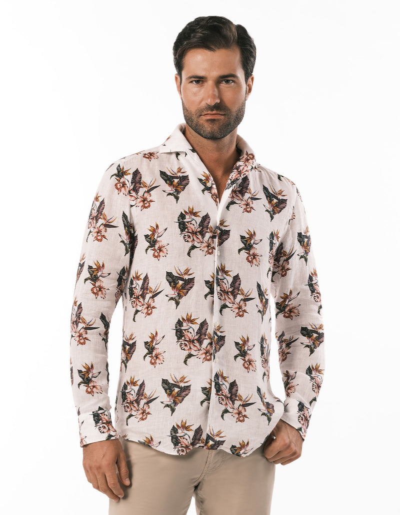 LINEN FLORAL PRINTED ONE PIECE SPREAD COLLAR SHIRT WHITE