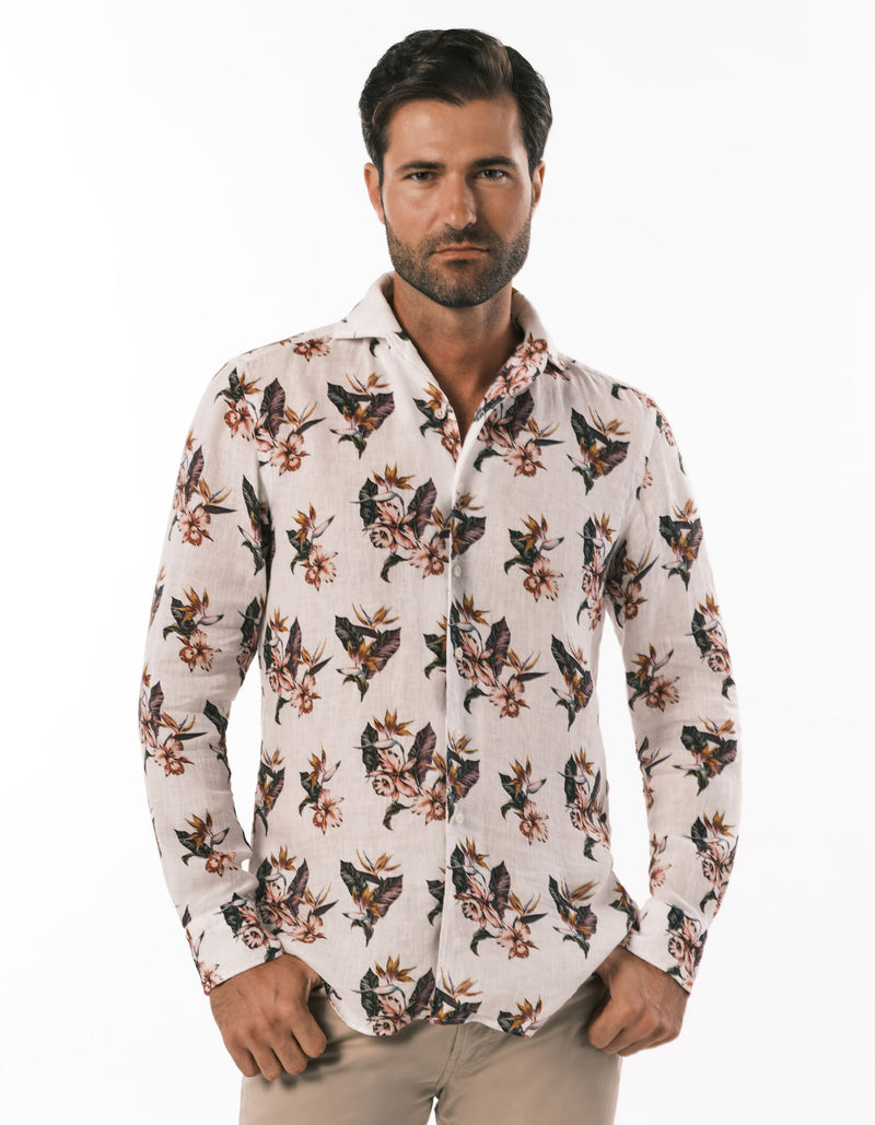 LINEN FLORAL PRINTED ONE PIECE SPREAD COLLAR SHIRT WHITE
