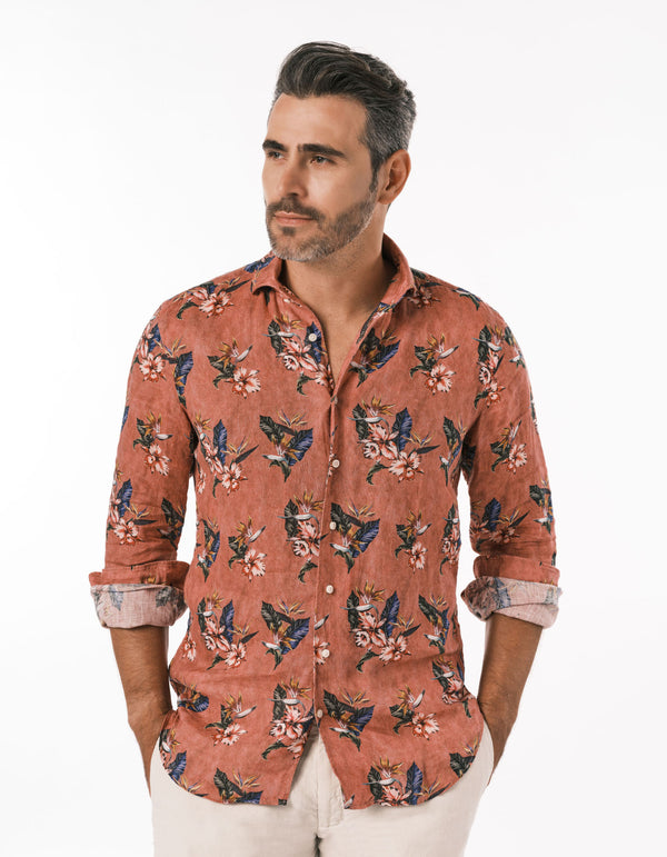 LINEN FLORAL PRINTED ONE PIECE SPREAD COLLAR SHIRT PINK MULTI