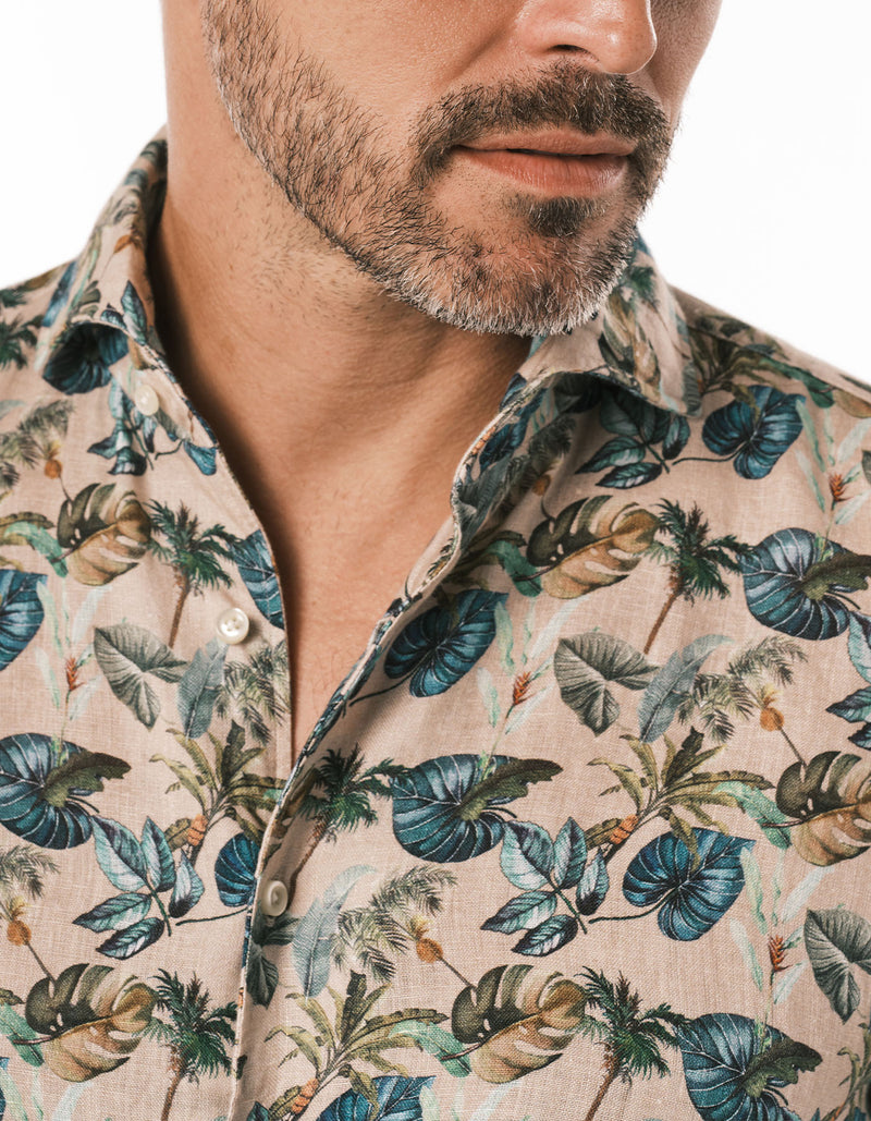 LINEN LEAVES PRINTED ONE PIECE SPREAD COLLAR SHIRT