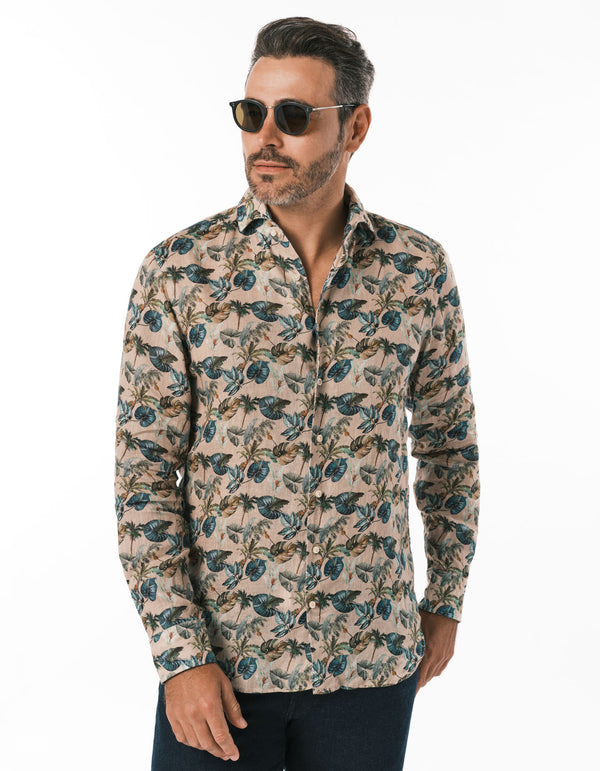 LINEN LEAVES PRINTED ONE PIECE SPREAD COLLAR SHIRT