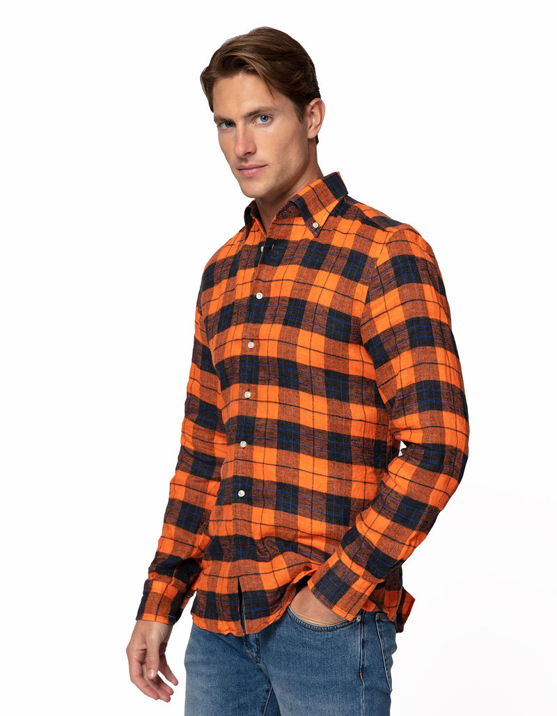 LINEN FLANNEL TARTAN BUTTON DOWN COLLAR SHIRT