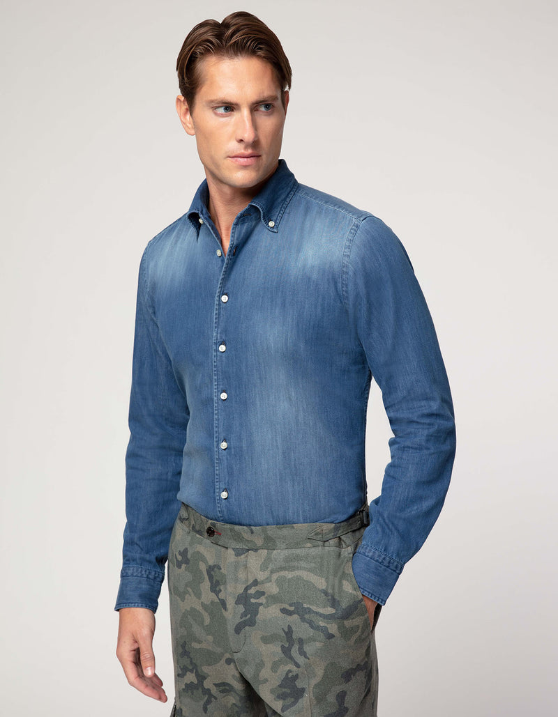 WASHED SOFT DENIM BUTTON DOWN COLLAR SHIRT