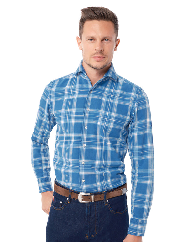 DENIM PLAID FLANNEL  ONE PIECE COLLAR SHIRT