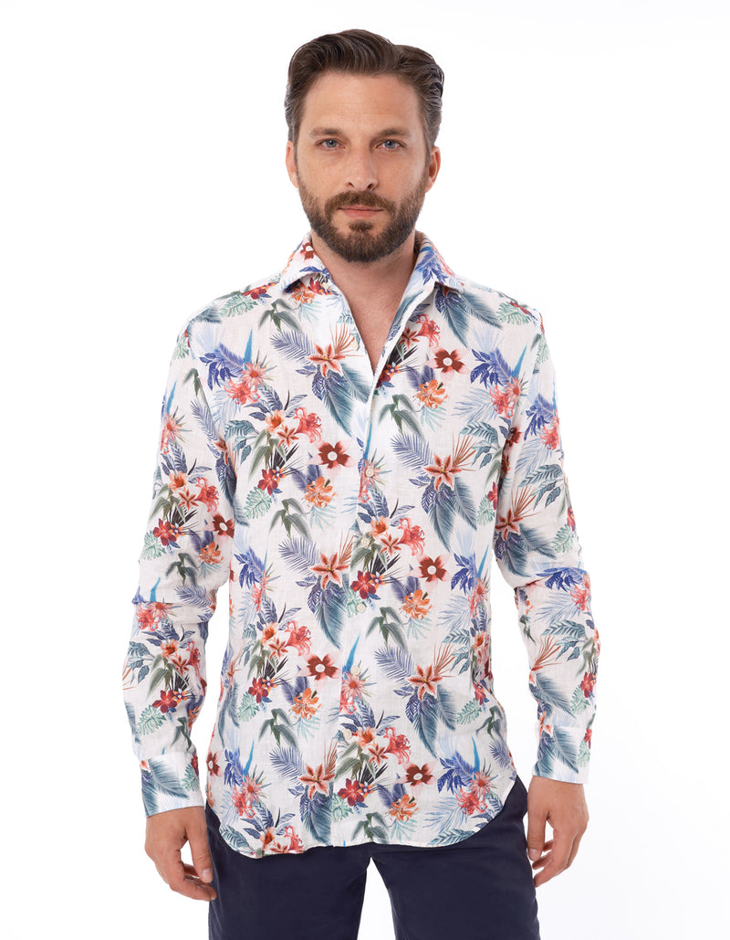 FLORAL LINEN SPREAD COLLAR SHIRT