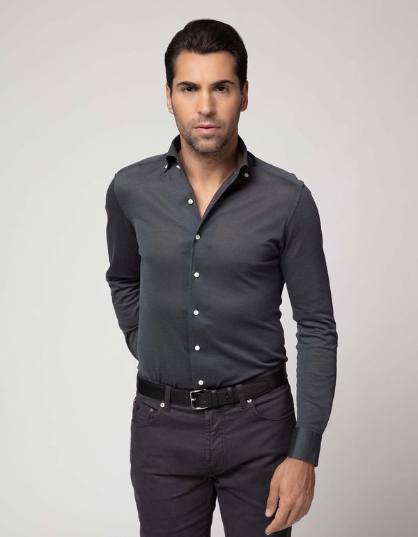 HANDMADE PIQUE KNIT BUTTON DOWN COLLAR SHIRT CHARCOAL
