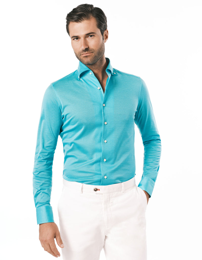 HANDMADE PIQUE KNIT ONE PIECE BUTTON DOWN COLLAR AQUA
