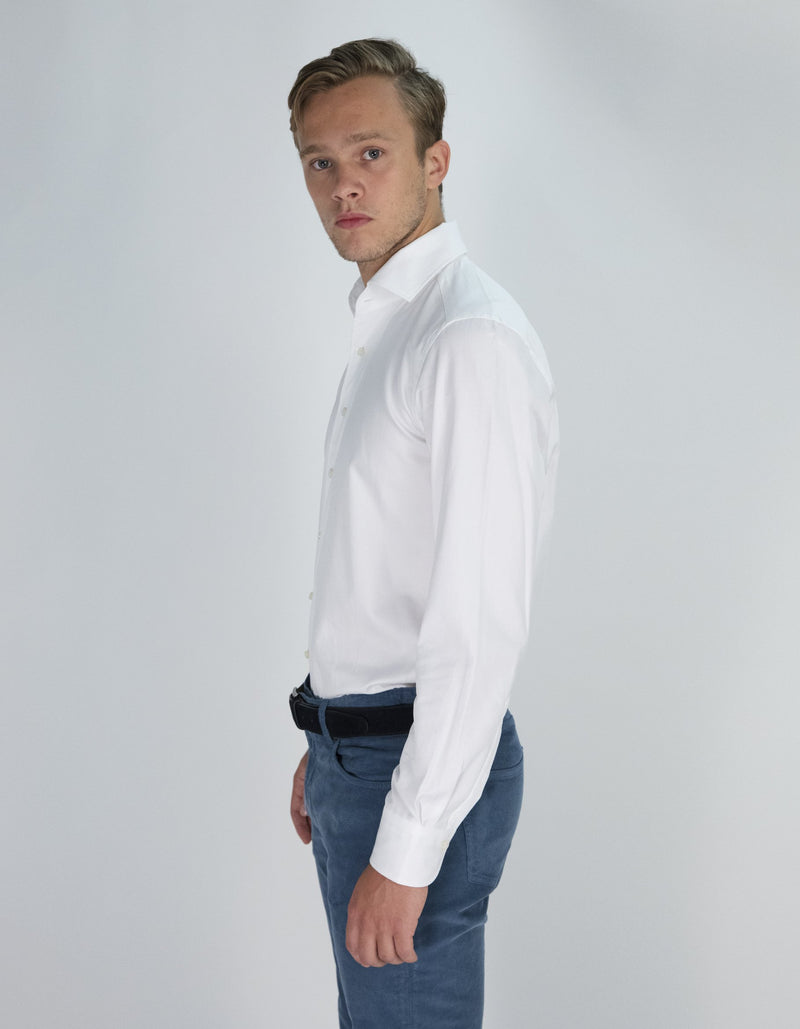 CREMIEUX WHITE LAPO ORGANIC COTTON TWILL SOLID ONE PIECE SPREAD COLLAR SHIRT