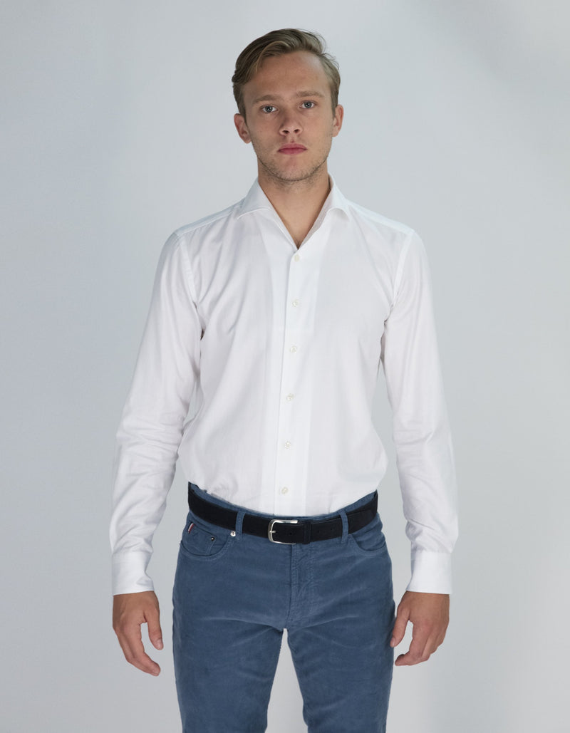 CREMIEUX WHITE LAPO ORGANIC COTTON TWILL SOLID ONE PIECE SPREAD COLLAR SHIRT