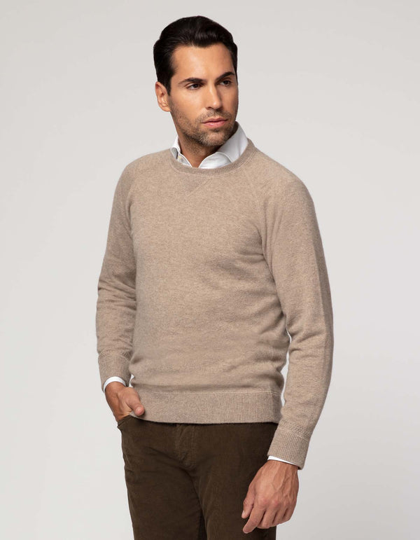 CREMIEUX Products BROWN UNDYED CASHMERE CREWNECK SWEATER