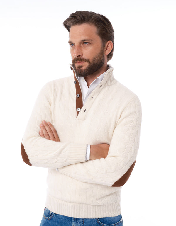 100% CASHMERE CABLE BUTTON UP MOCK NECK SWEATER