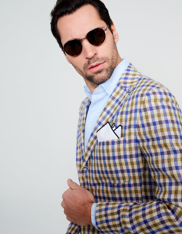 BLUE OLIVE LINEN GINGHAM PLAID BLAZER