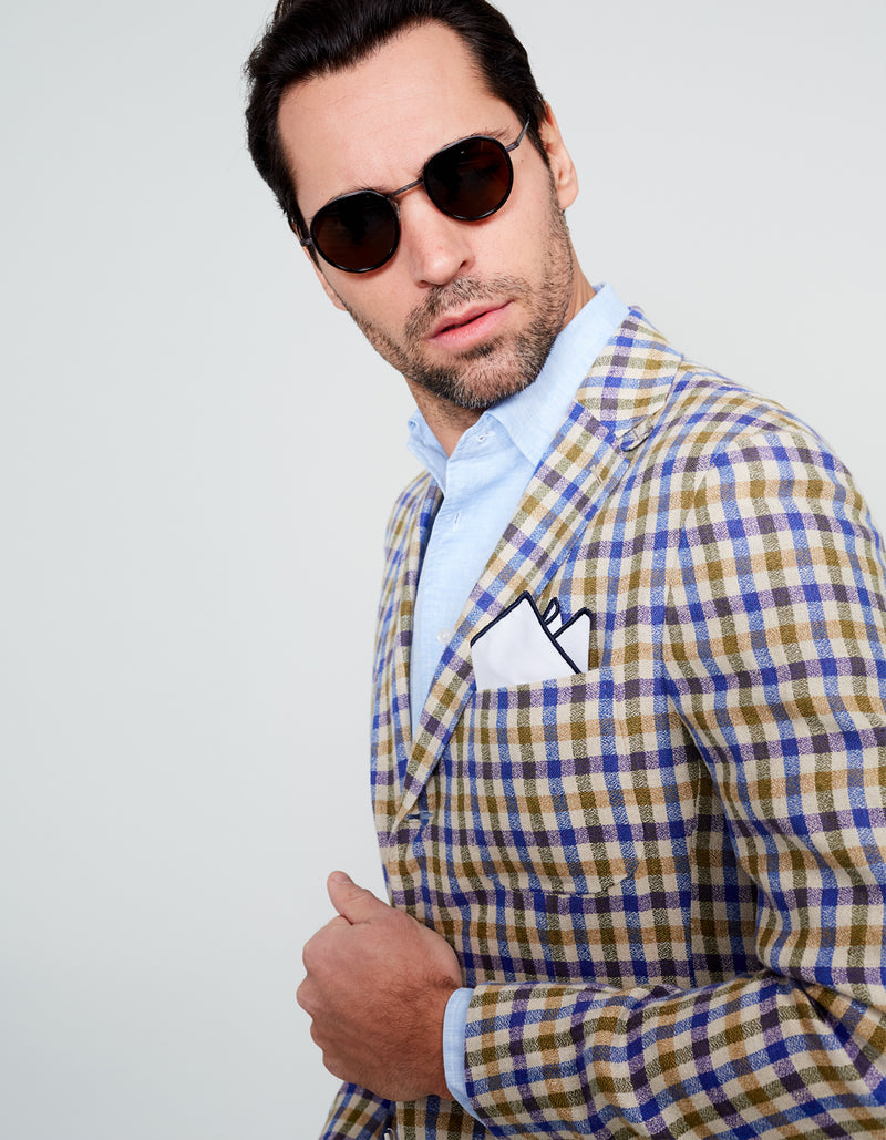 BLUE OLIVE LINEN GINGHAM PLAID BLAZER