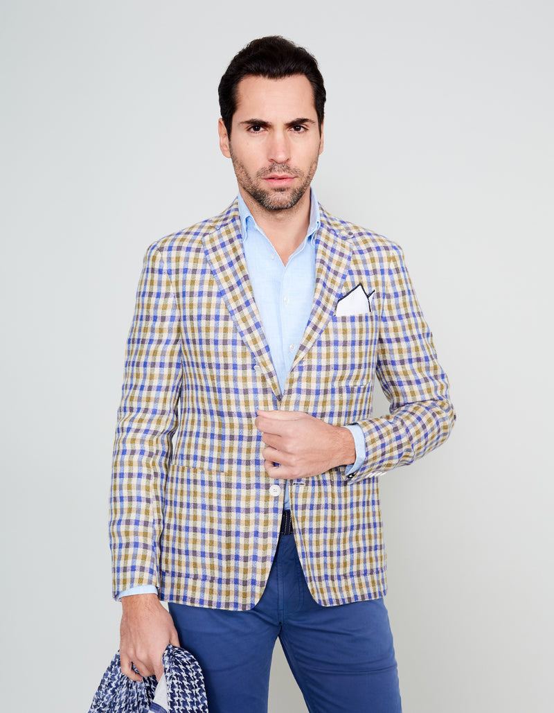 BLUE OLIVE LINEN GINGHAM PLAID BLAZER