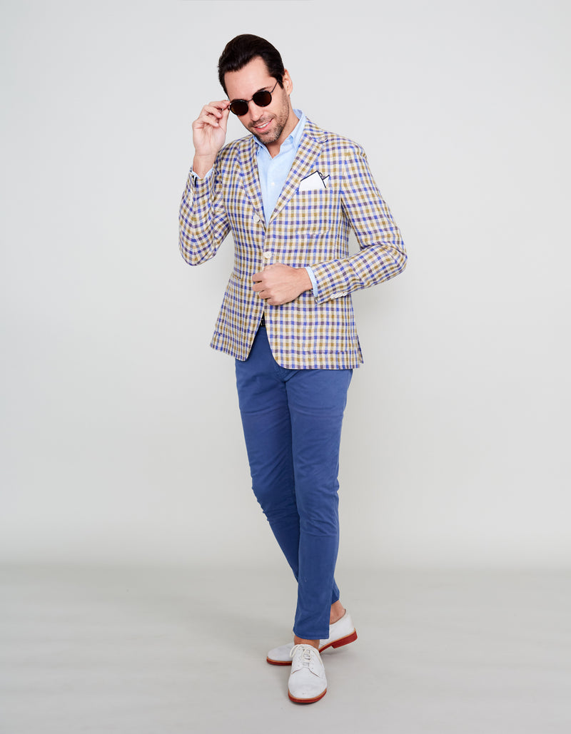 BLUE OLIVE LINEN GINGHAM PLAID BLAZER