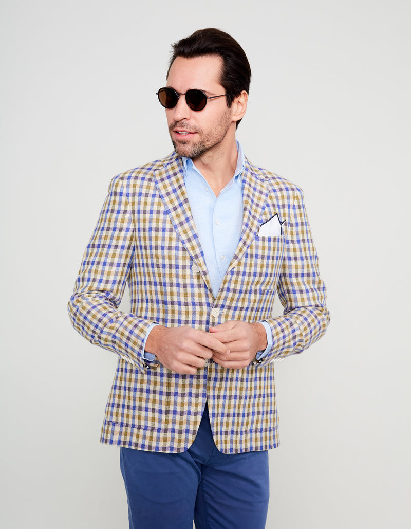 BLUE OLIVE LINEN GINGHAM PLAID BLAZER