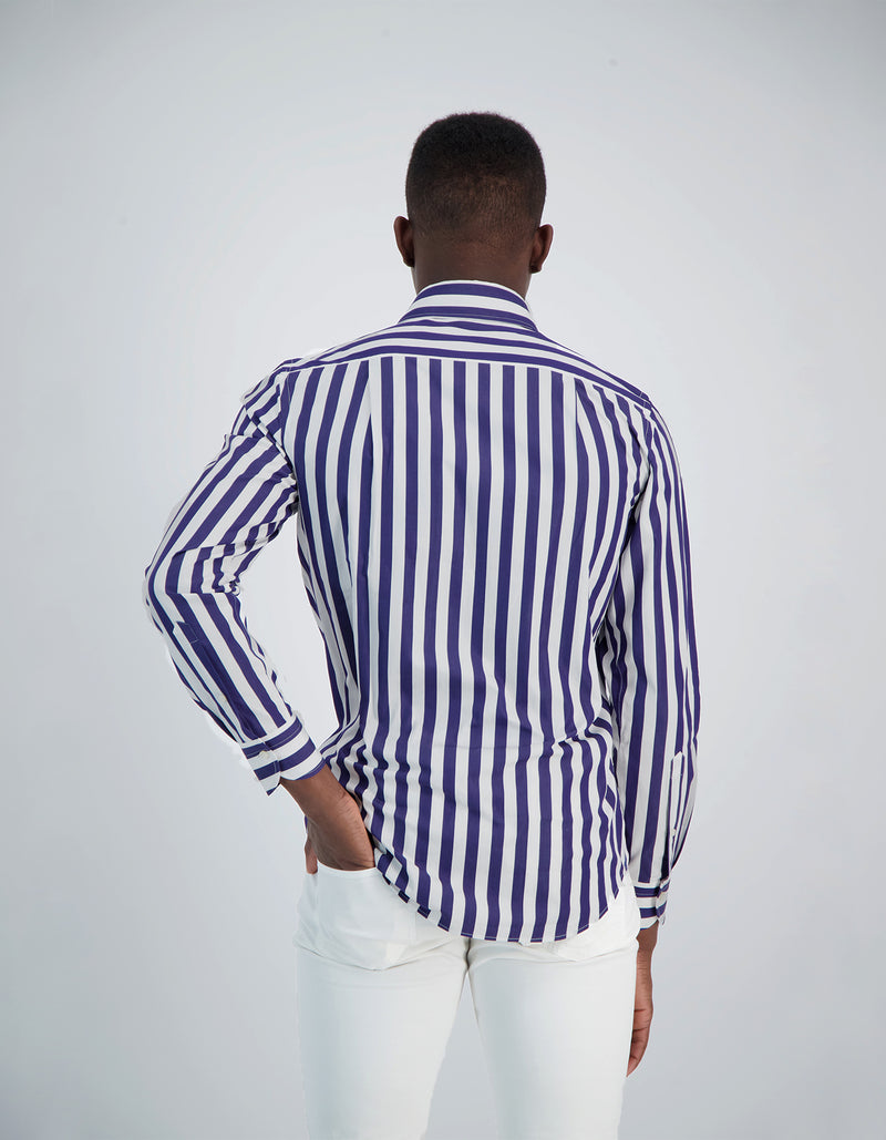 LAPO LUXURY SOFT POPLIN VERTICAL STRIPE ONE PIECE SPREAD COLLAR SHIRT