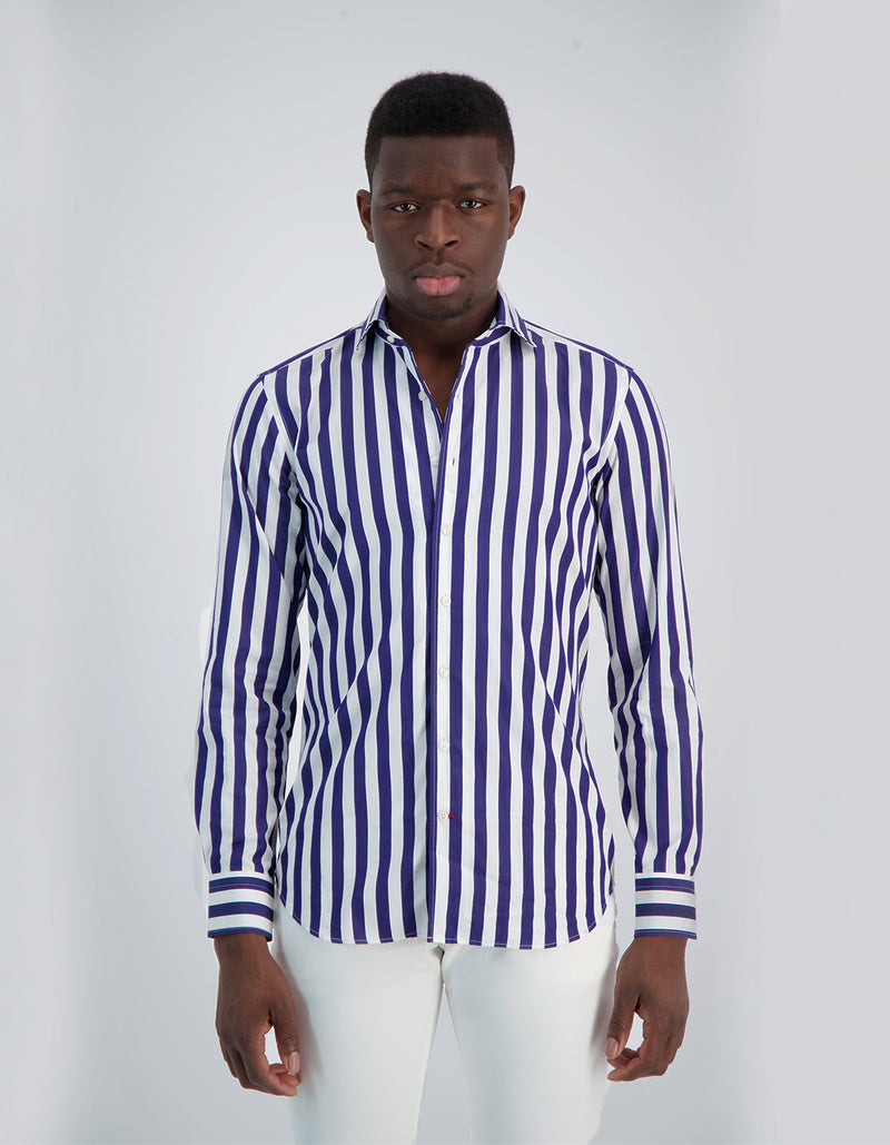 LAPO LUXURY SOFT POPLIN VERTICAL STRIPE ONE PIECE SPREAD COLLAR SHIRT