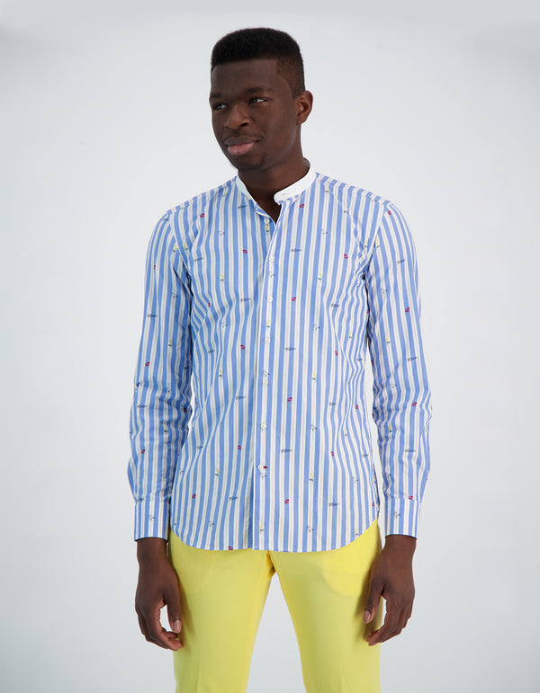 MONACO LUXURY SENEQUIER CHAIR TROPEZIEN FIL COUPE STRIPE WHITE COLLAR SHIRT	SKY