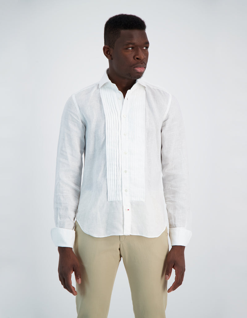 BOND LUXURY SOFT LINEN SPREAD COLLAR PLEATED BIB SHIRT