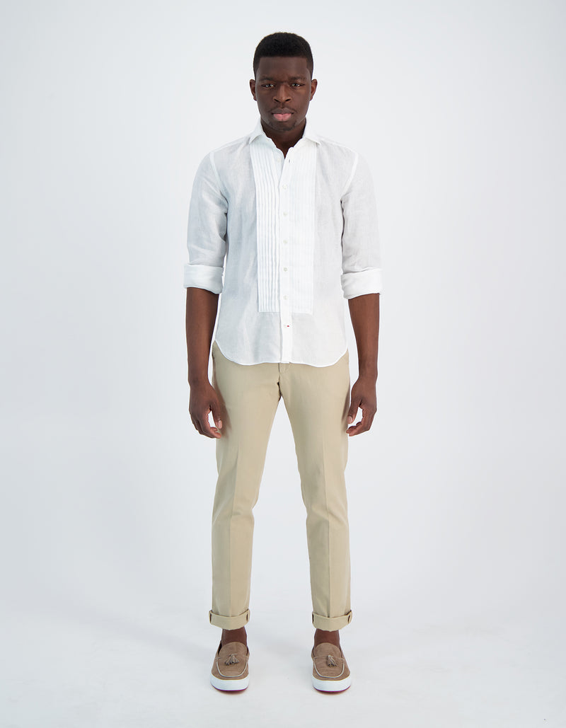 BOND LUXURY SOFT LINEN SPREAD COLLAR PLEATED BIB SHIRT