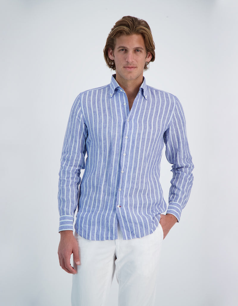 MONCEAU LUXURY SOFT LINEN MADRAS STRIPE ONE PIECE BUTTON DOWN COLLAR SHIRT