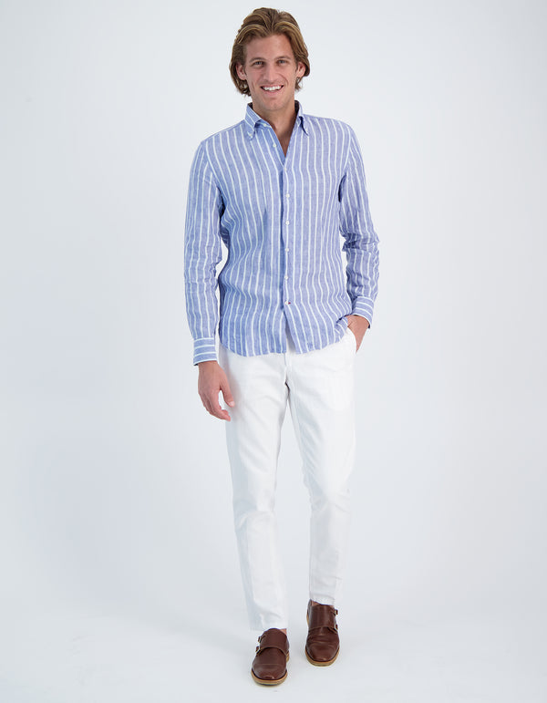 MONCEAU LUXURY SOFT LINEN MADRAS STRIPE ONE PIECE BUTTON DOWN COLLAR SHIRT